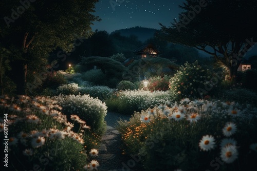 Fototapeta Gorgeous moonlit flower garden, stunning scenery. Generative AI