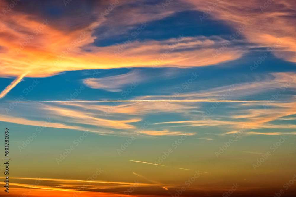 Real amazing panoramic sunrise or sunset sky with gentle colorful clouds.Skyline top view Evening sunset sky and the morning sunrise.Nature Backgrounds
