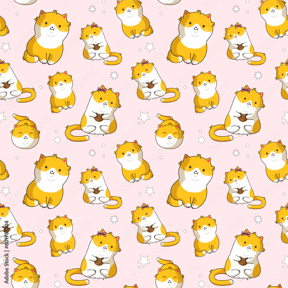 Fototapeta premium Seamless pattern with funny cats and stars. Cute hand drawn kitten.