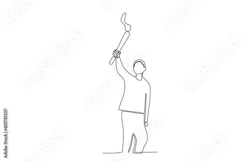 A man looks at the torch he raised. Islamic new year one-line drawing