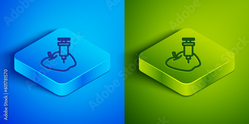 Isometric line Genetically modified apple icon isolated on blue and green background. GMO fruit. Syringe being injected to apple. Square button. Vector