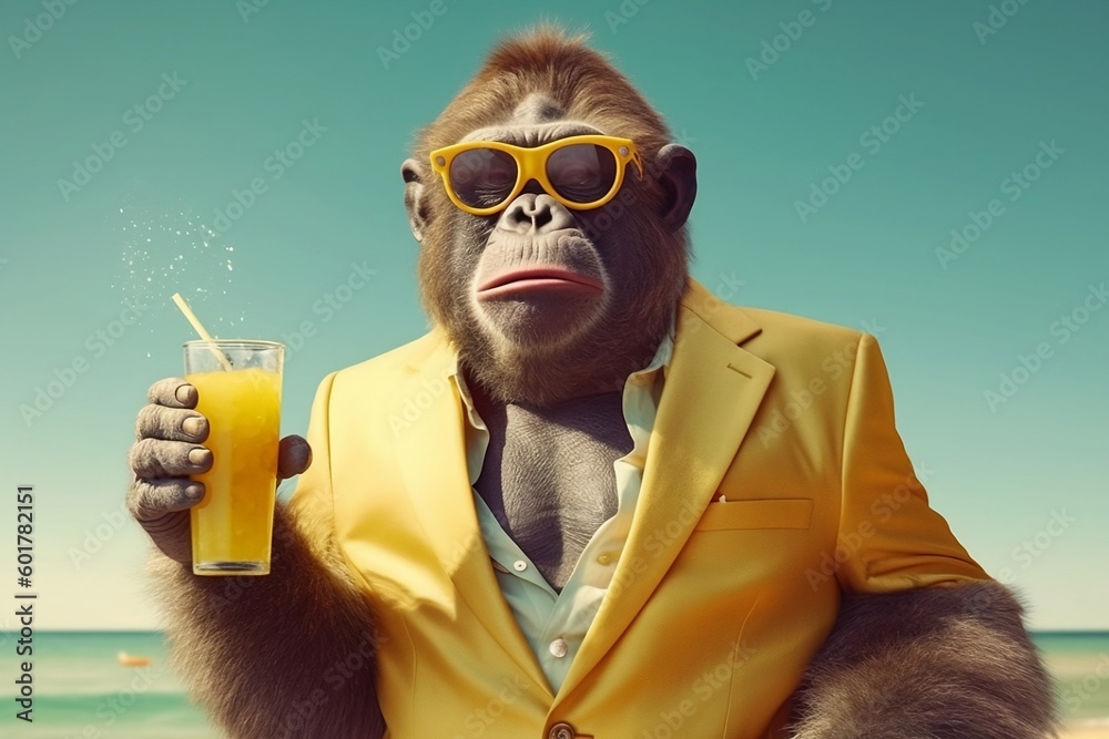Der Affe in Anzug genießt seinen Strandurlaub - obrazy, fototapety, plakaty 