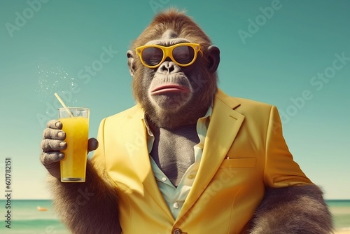 Der Affe in Anzug genießt seinen Strandurlaub photo