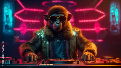 DJ Monkey in Club! Leather jacket monkey DJ playing music on a turntable. Funny animals. AI art.