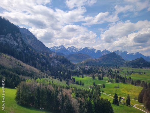 Neuschwanstein Castle and Expansive Fields in the Bavarian Alps of Southern Germany