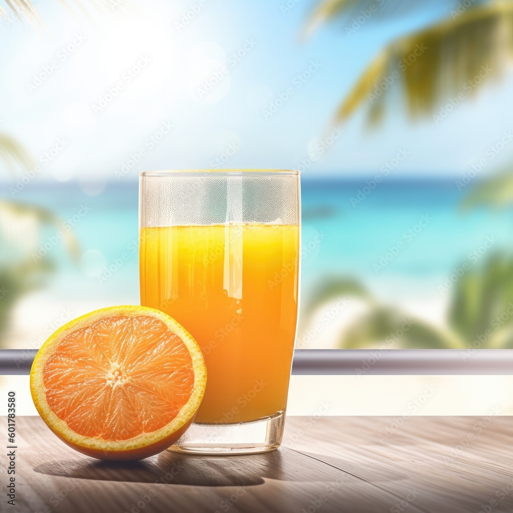 Fresh Orange Juice against a summer beach bokeh background Fresh Orange Juice against a summer beach bokeh background