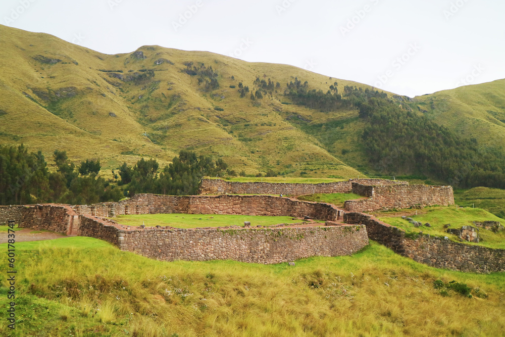 Puka Pukara Red Fortress, the remains of Inca fortress built from deep red color stone, located on the hilltop of Cusco region, Peru, South America