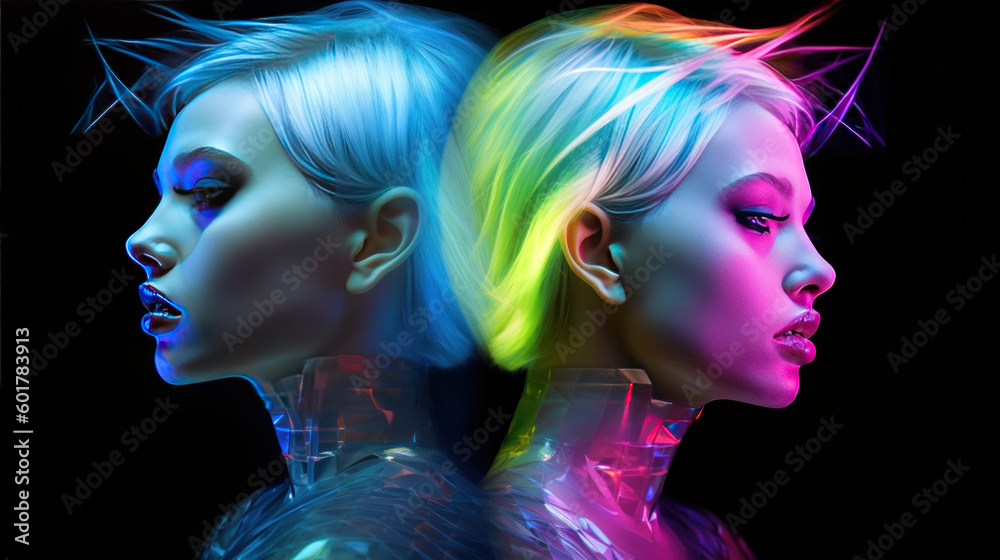 Portrait of 2 women back to back with neon colours on their hair and face. Generative Ai.