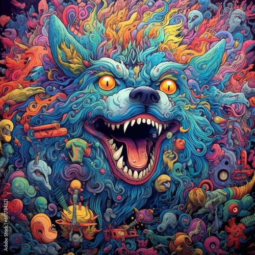Highly detailed trippy wolf  scary colors  psychedelic. Generative AI