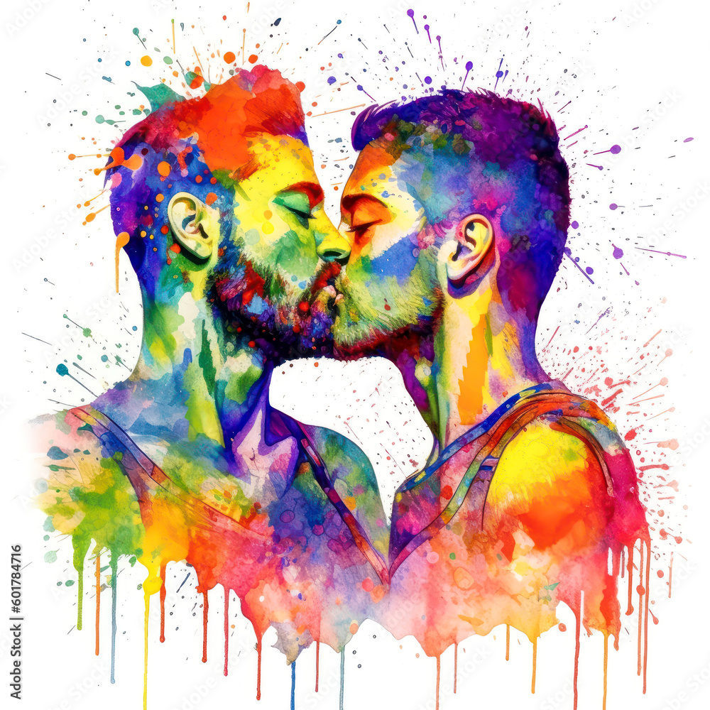A watercolor painting of two men kissing. LGBT two young people kissing ...