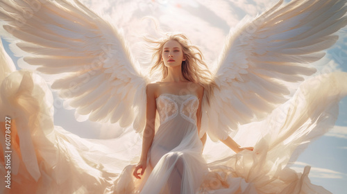 Ethereal Angel with luminous white unfurled wings. Generative Ai.