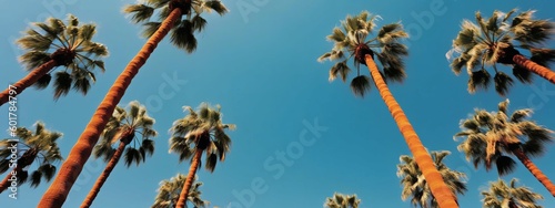 Palm trees against blue sky banner. Generative AI photo