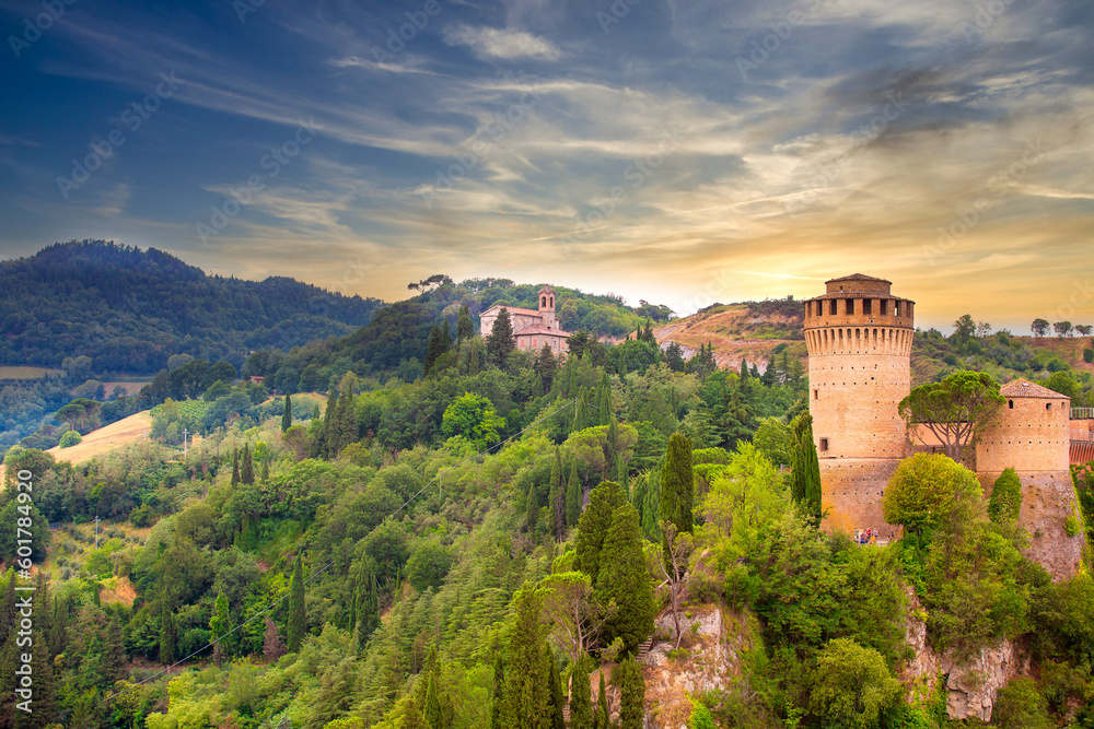 Brisighella, Ravenna, Emilia-Romagna, Italy, Ravenna, Emilia-Romagna, Italy. Beautiful panoramic aerial view of the medieval city and Manfredian fortress with clock tower. Famous symbols - obrazy, fototapety, plakaty 