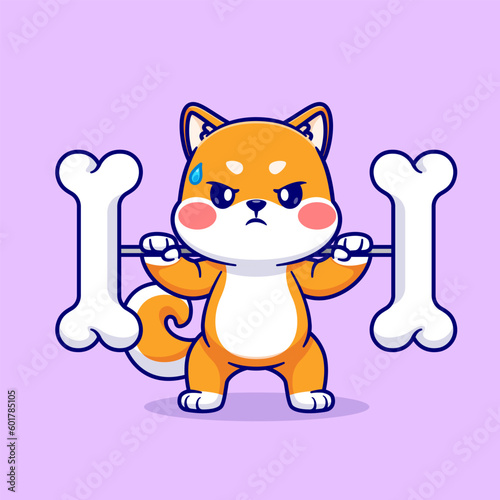 Cute Shiba Inu Lifting Bone Barbell Cartoon Vector Icon Illustration. Animal Sport Icon Concept Isolated Premium Vector. Flat Cartoon Style