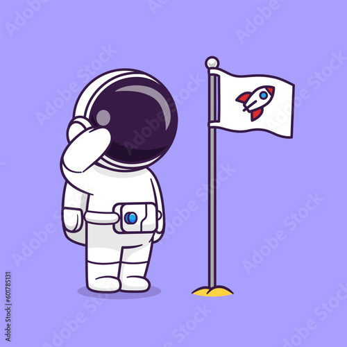 Cute Astronaut Respect Rocket Flag Cartoon Vector Icon Illustration. Science Technology Icon Concept Isolated Premium Vector. Flat Cartoon Style
