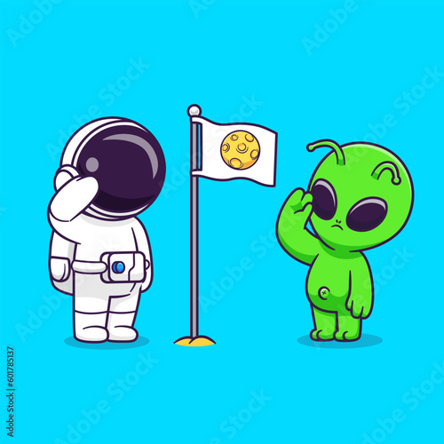 Cute Astronaut and Cute Alien Respect Moon Flag Cartoon Vector Icon Illustration. Science Technology Icon Concept Isolated Premium Vector. Flat Cartoon Style