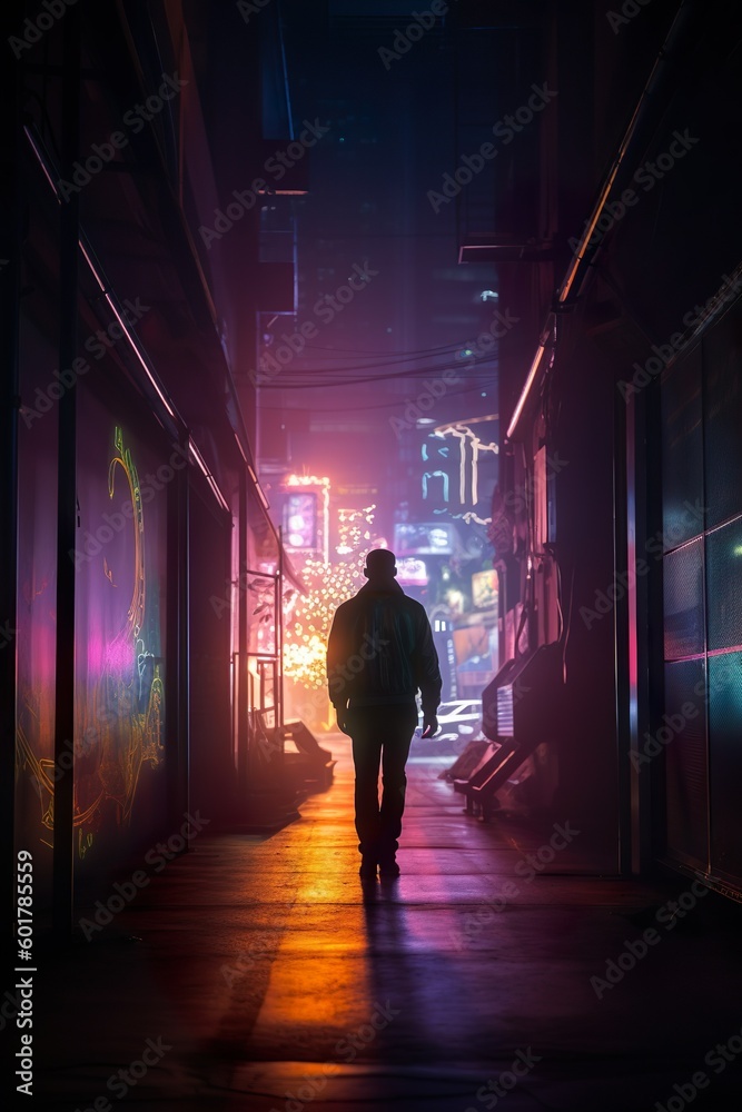 Shadowy figure walking through a futuristic cityscape