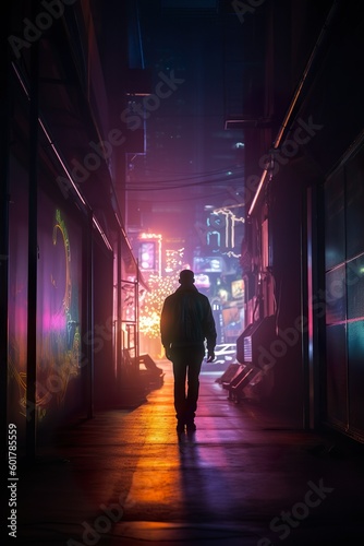 Shadowy figure walking through a futuristic cityscape