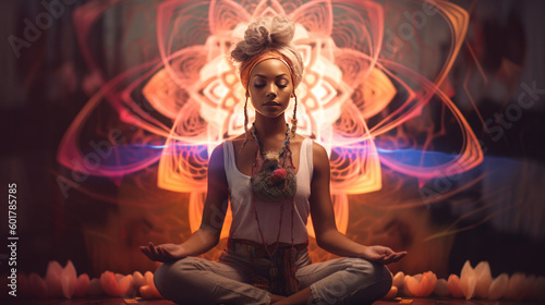 Woman meditating with colourful mandala energy appearing in her mind. Generative AI