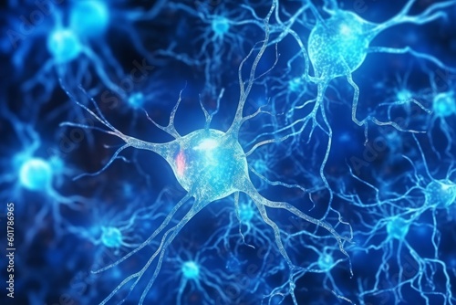 Glowing brain nerve cell. Specialized cell transmitting nerve impulses. System neuron of brain with synapses. Brain medicine biology. Generative AI photo