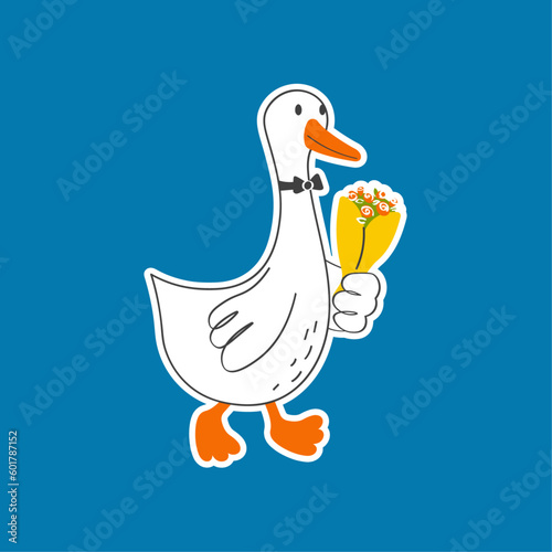 Vector illustration with cute and funny goose. Trendy typography sticker with text and bird.