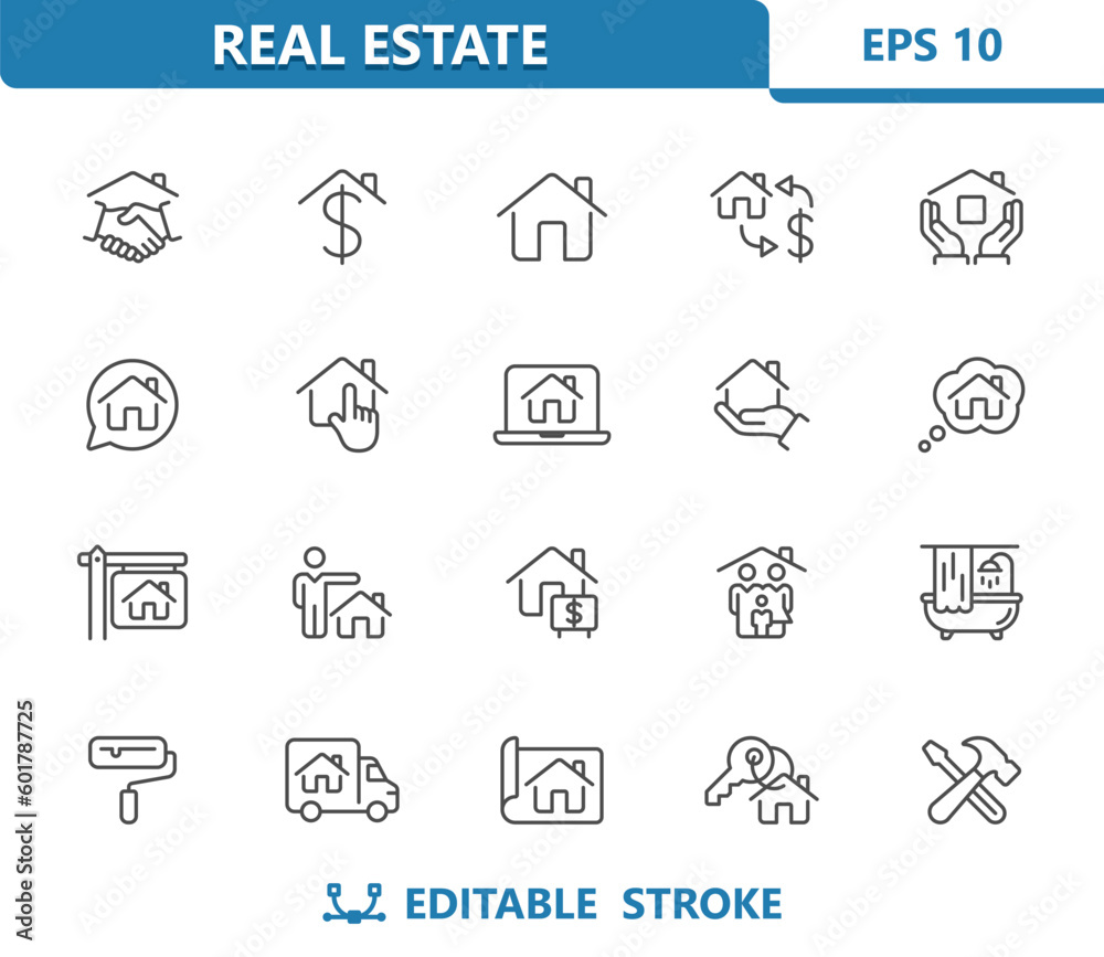 Real Estate Icons. House, Home, Bathroom, Home Improvement, Repair, Realtor, Tools, Key, Hand, Family, Household Vector Icon Set