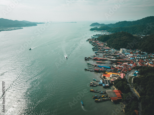 Top-down view drone shot of Pangkor Island, in Perak state, Malaysia country. photo