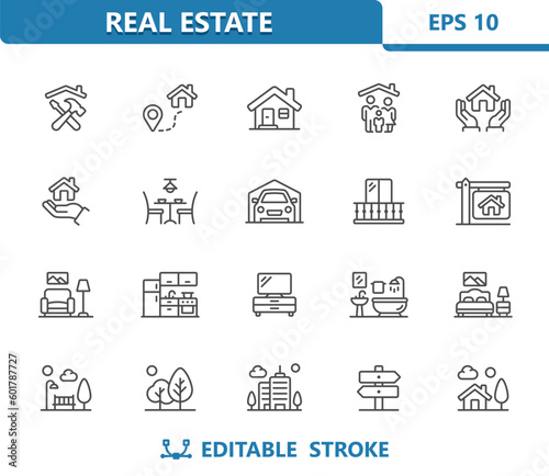 Real Estate Icons. House, Home, Household, Family, Repair, Home Improvement, Dining Room, Living Room, Bedroom, Kitchen, Bathroom, City Vector Icon Set