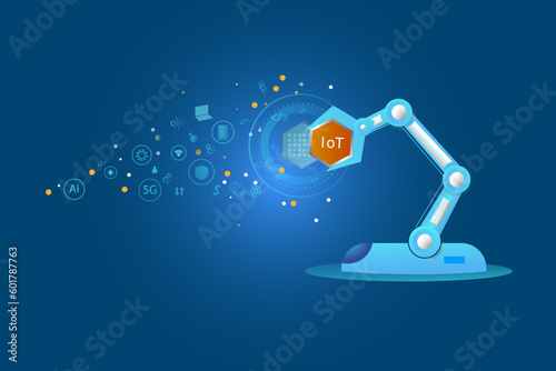 Internet of Things (IoT) concept with a robotic arm on a blue background with scattered icons around it