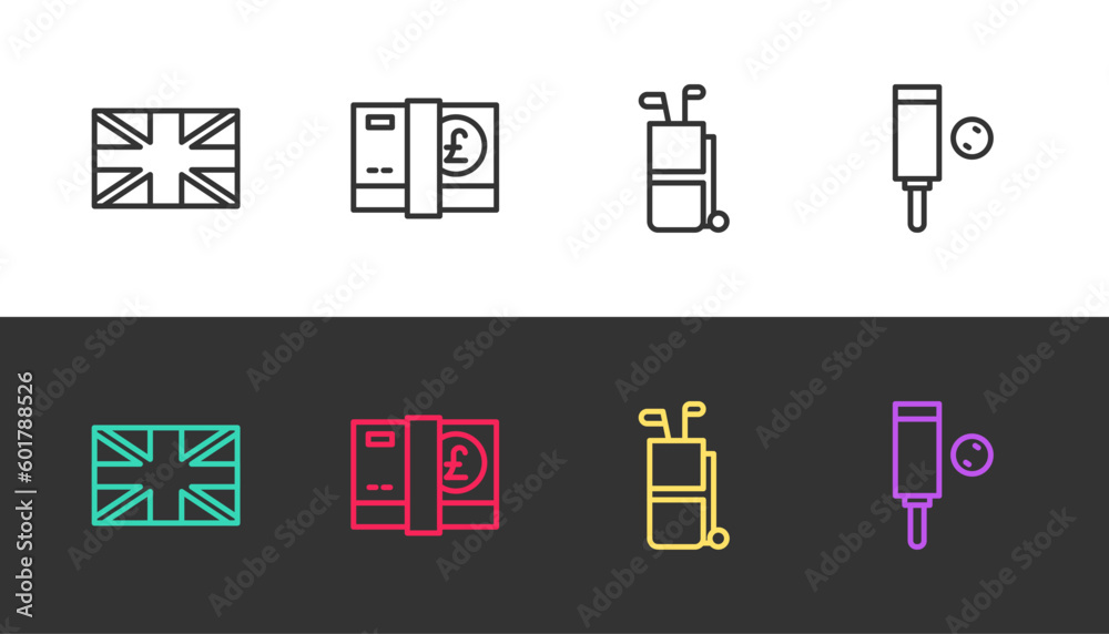 Set line Flag of Great Britain, Pound sterling money, Golf bag with clubs and Wood cricket bat and ball on black and white. Vector