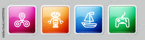 Set line Fidget spinner, Robot toy, Toy boat and Gamepad. Colorful square button. Vector