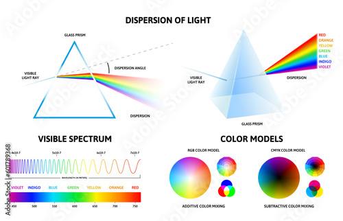 Light spectrum infographic. Physics of rays reflection inside prism, visible spectrum rainbow chart and color models vector set