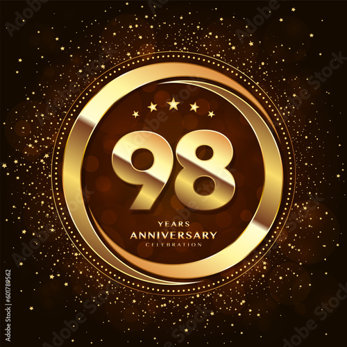 98th anniversary logo with double rings and gold font decorated with glitter and confetti