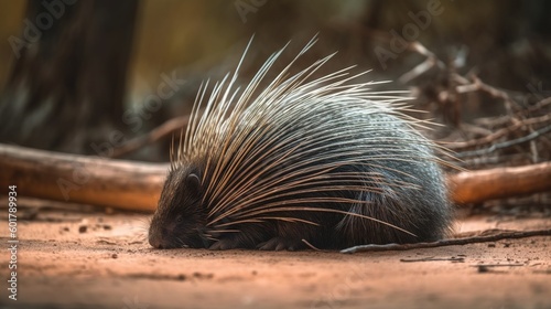  a porcupine walking on the ground in a forest.  generative ai photo