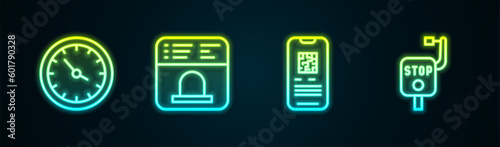 Set line Train station clock, Ticket office to buy tickets, E-ticket train and Emergency brake. Glowing neon icon. Vector