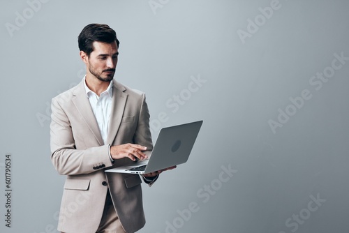 man smiling stylish laptop suit freelancer computer copyspace job business internet