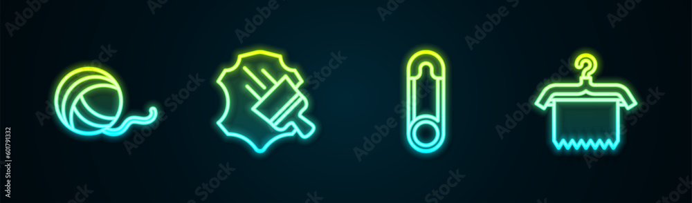 Set line Yarn ball, Leather, Safety pin and Hanger wardrobe. Glowing neon icon. Vector Set line Yarn ball, Leather, Safety pin and Hanger wardrobe. Glowing neon icon. Vector