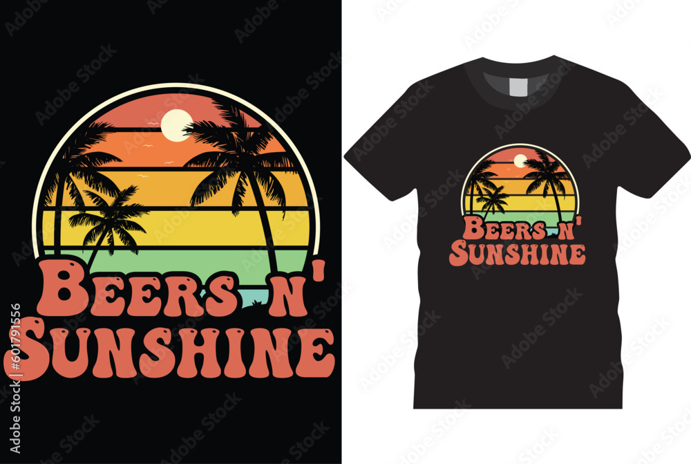 beers and sunshine illustration graphic art cotton type usa textile business clothes and wear. apparel graphic palm, sunrise, alcohol, bar, drinks, frame, denim art illustration  t shirt, poster