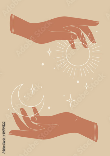 Mystical drawing of sun and moon in hands poster. Design for tarot card