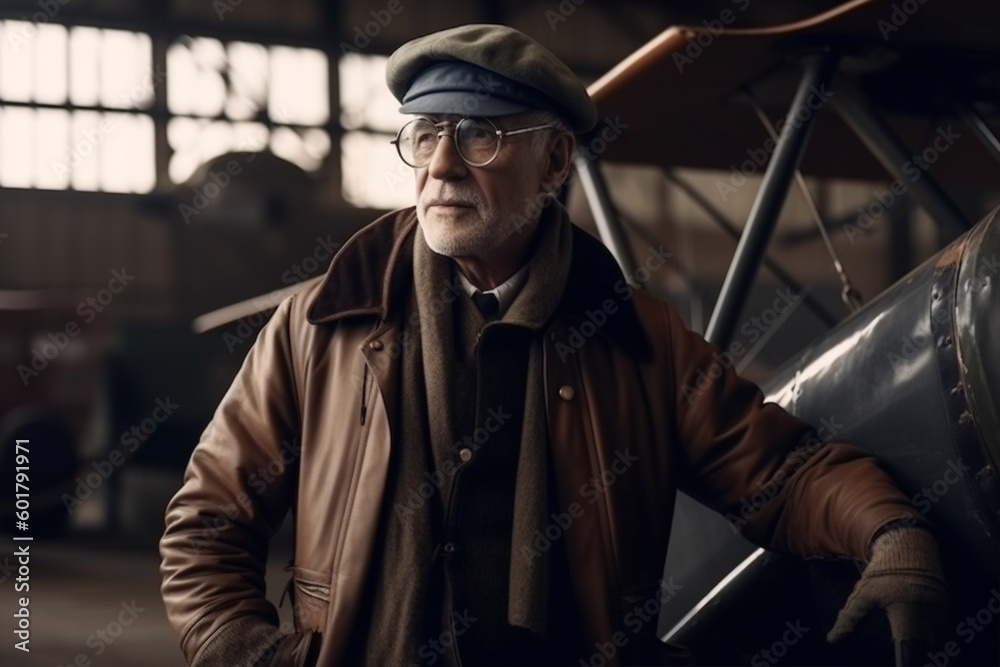 Retired old man pilot with plane. AI generative