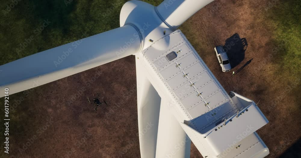AERIAL Industrial drone flying near wind turbine, gathering video data for inspection and service