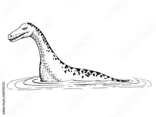 Ink hand drawn vector sketch of isolated object. Loch Ness ancient Nessie monster animal, Scotland symbol. Dinosaur plesiosaurus. Design for tourism, travel, brochure, guide, print, card, tattoo.