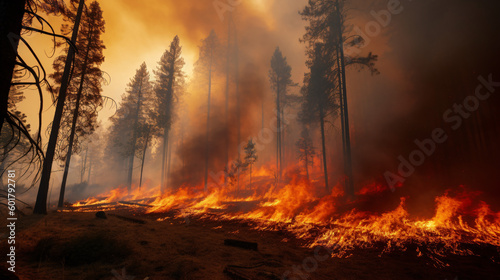 Inferno Unleashed: A Massive Wildfire Blazing Through a Forested Area, generative AI © Stockerl