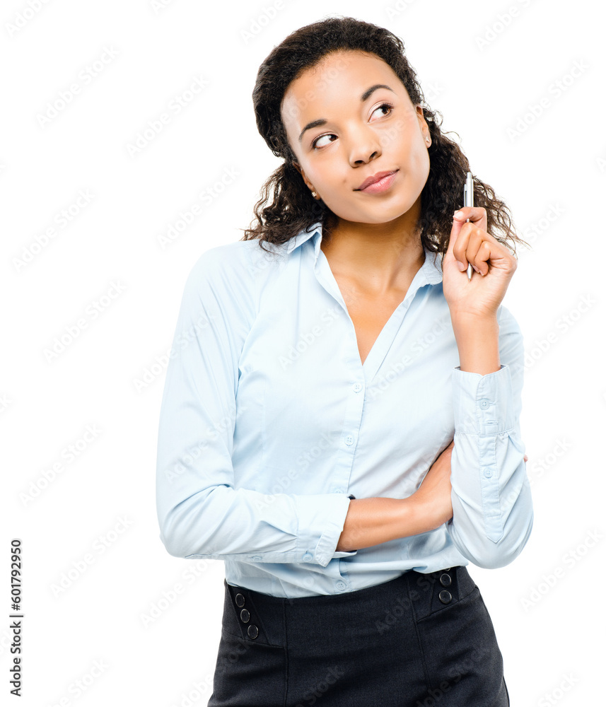 Business woman, thinking and pen hand on isolated white background in finance growth goals, target or future vision. Corporate, worker and employee with ideas, financial strategy planning or mock up Business woman, thinking and pen hand on isolated white background in finance growth goals, target or future vision. Corporate, worker and employee with ideas, financial strategy planning or mock up
