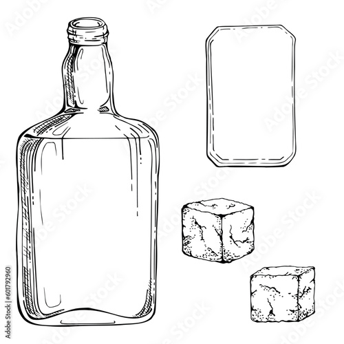 Ink hand drawn vector sketch of isolated object. Scotch whisky whiskey glass square bottle with label and rocks. Scottish symbol drink Design for tourism, travel, brochure, guide, print, card, tattoo.