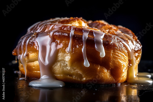 Freshly baked cinnamon roll, revealing its warm, fluffy layers and the drizzle of gooey icing on top. photo