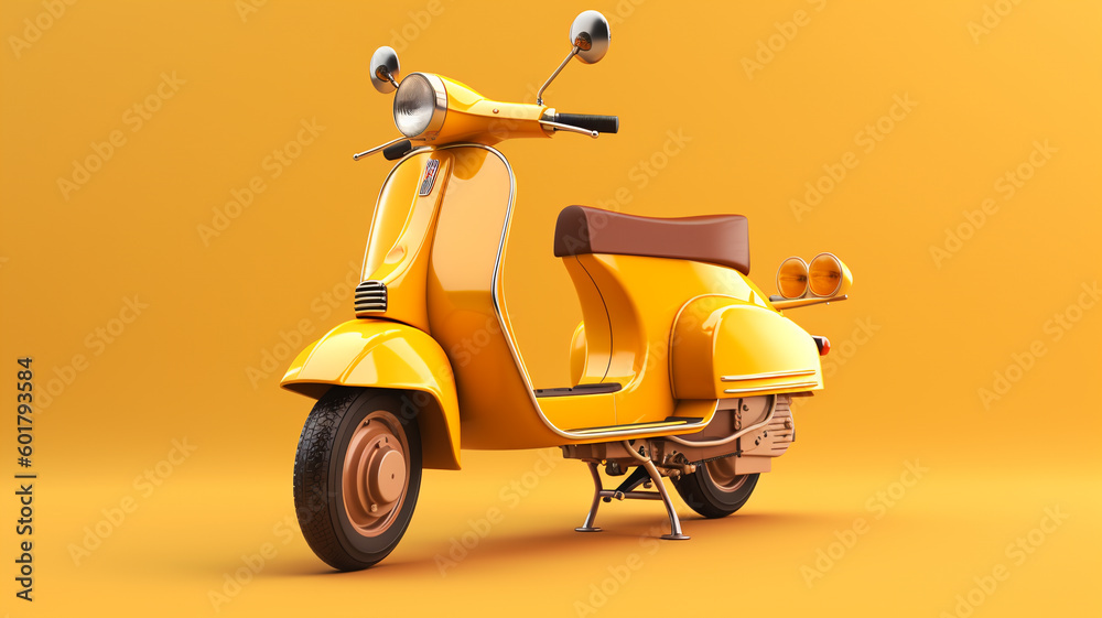 Scooter express delivery service. Yellow motorbike with delivery bag on yellow background, Generative AI