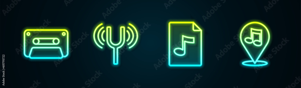 Set line Retro audio cassette tape, Musical tuning fork, MP3 file document and Location musical note. Glowing neon icon. Vector Set line Retro audio cassette tape, Musical tuning fork, MP3 file document and Location musical note. Glowing neon icon. Vector