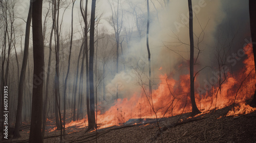 Inferno Unleashed: A Massive Wildfire Blazing Through a Forested Area, generative AI © Stockerl