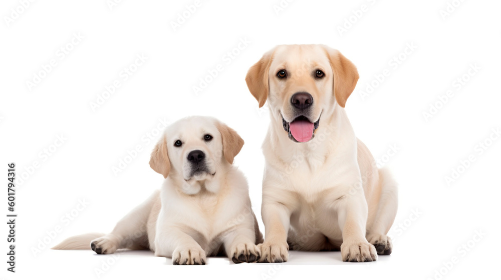 Labrador retriever with puppy on a white background. Generative AI.